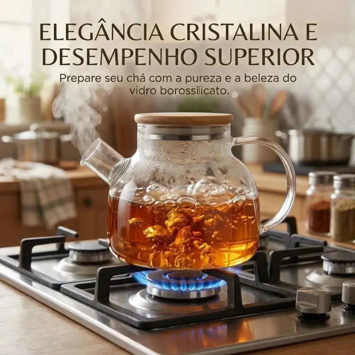 Bule Chaleira 1L Vidro Com Infusor E Tampa Bambu Chá Alça Café PÍTIA thumbnail 3