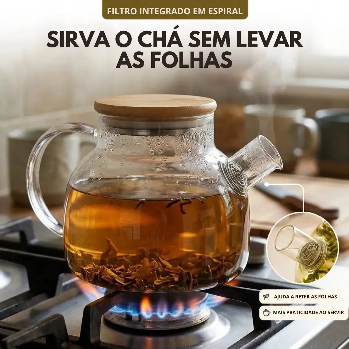 Bule Chaleira 1L Vidro Com Infusor E Tampa Bambu Chá Alça Café PÍTIA thumbnail 4