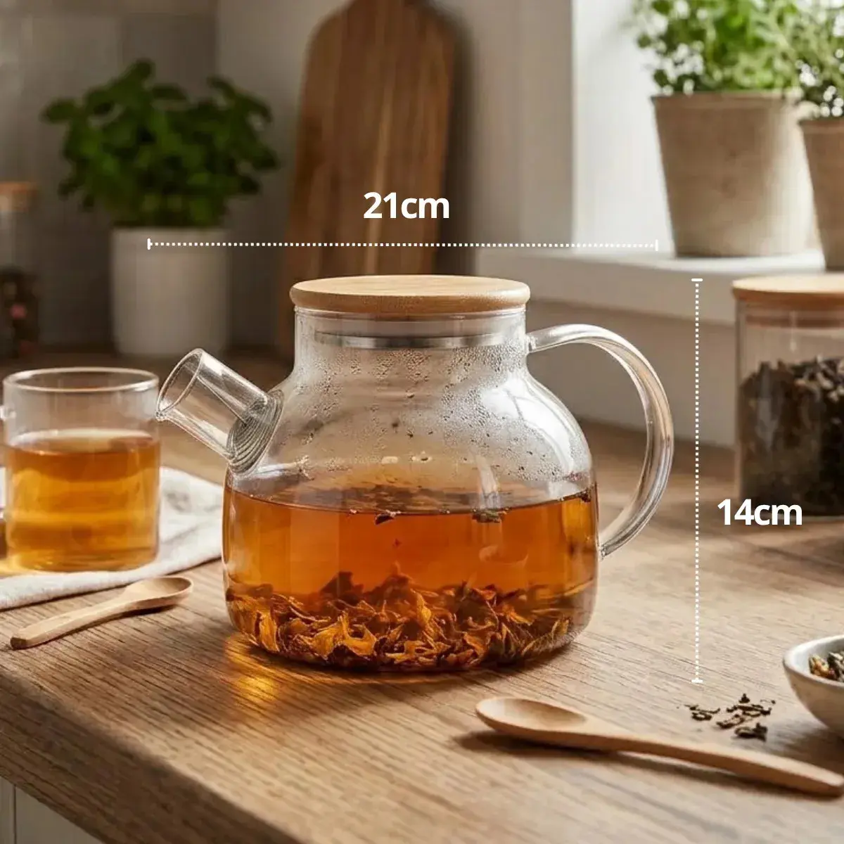 Bule Chaleira 1L Vidro Com Infusor E Tampa Bambu Chá Alça Café PÍTIA thumbnail 5
