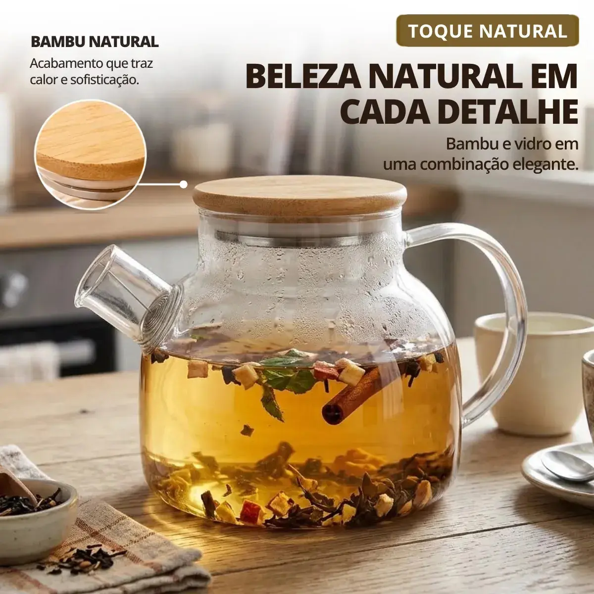 Bule Chaleira 1L Vidro Com Infusor E Tampa Bambu Chá Alça Café PÍTIA thumbnail 6