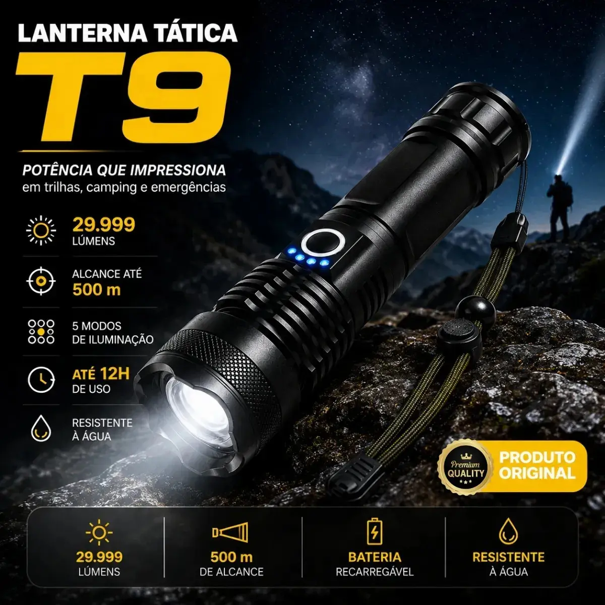 Lanterna Tática Militar T9 Mais Forte Do Mundo Potente Led Recarregável thumbnail 2