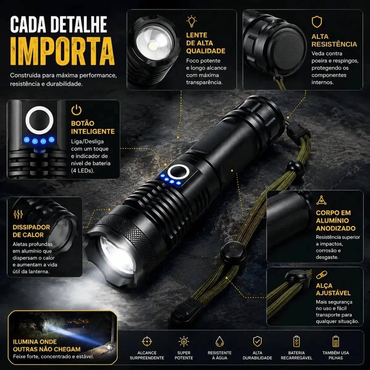 Lanterna Tática Militar T9 Mais Forte Do Mundo Potente Led Recarregável thumbnail 3