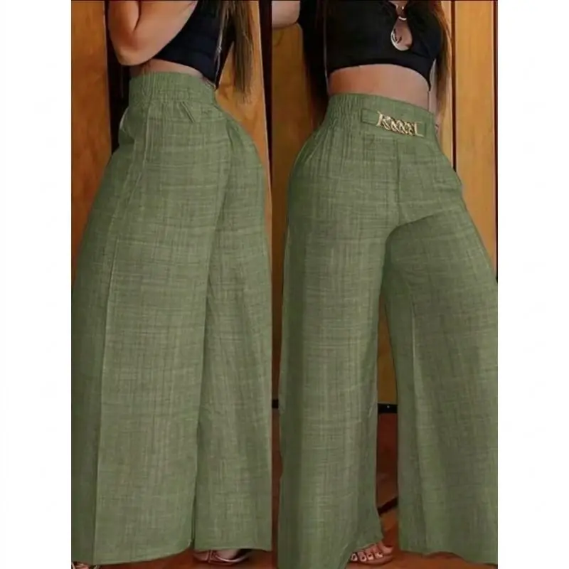 Calça Pantalona De Linho Com Cinto Fake e Cintura Alta e Bolsos - 1