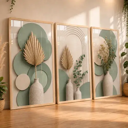 Quadros Decorativos Sala Folha Verde Bege Neutro Boho 122x60