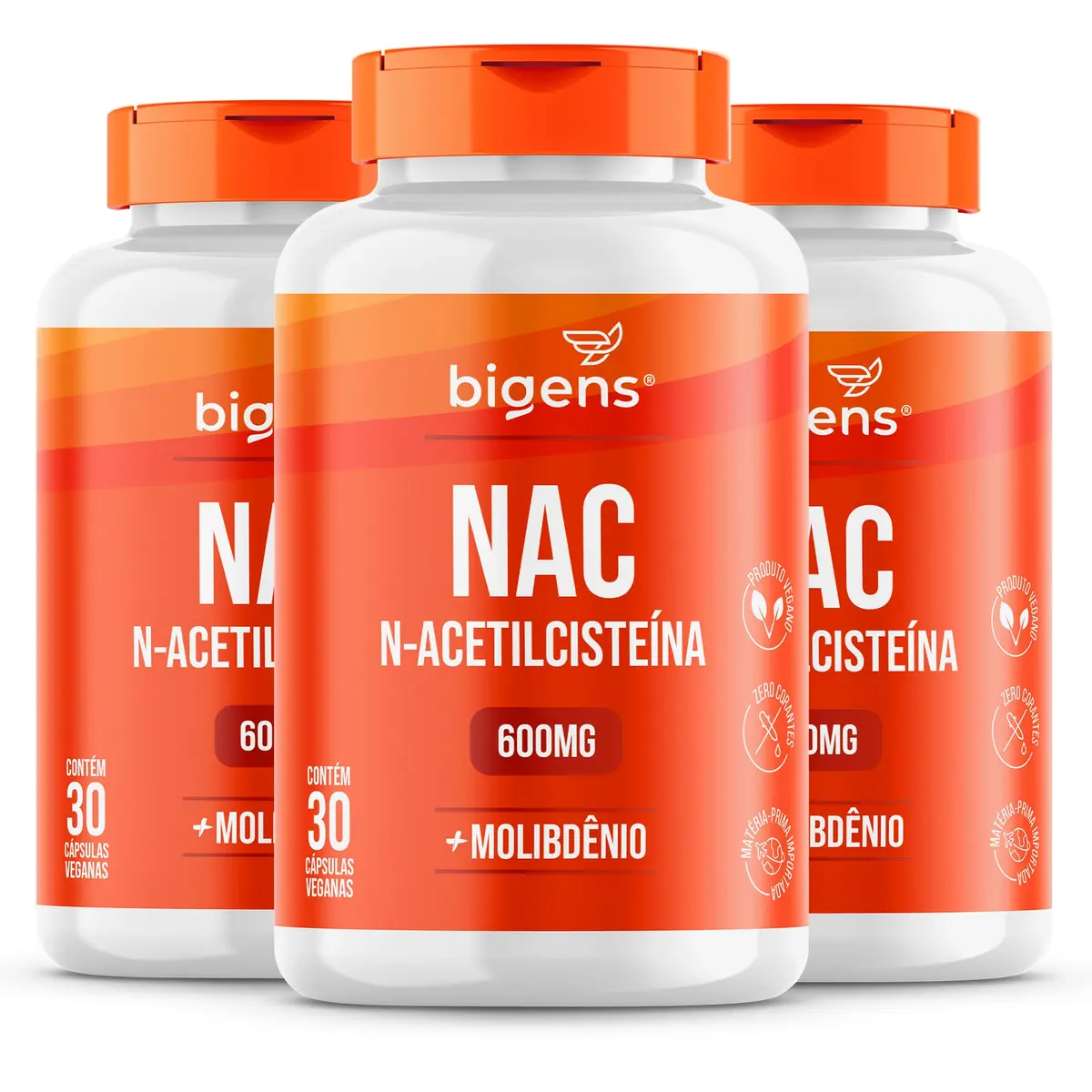 Bigens NAC N-acetilcisteína 600mg + Molibdênio, Vegano, 3x 30 Cápsulas - 1