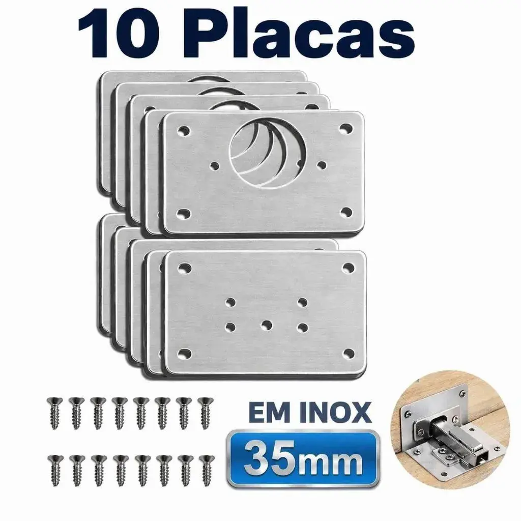 Kit 10 Placas Dobradiça 35mm Reparo Porta Armário Móveis Cozinha Guarda Roupa Mdf Aço Nautasi