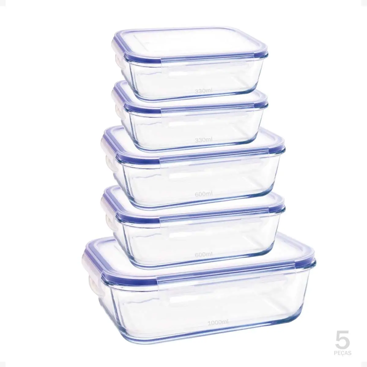 Kit Conjunto 5 Potes De Geladeira Hermético De Vidro Marmita Tampa Click (Azul) - 1