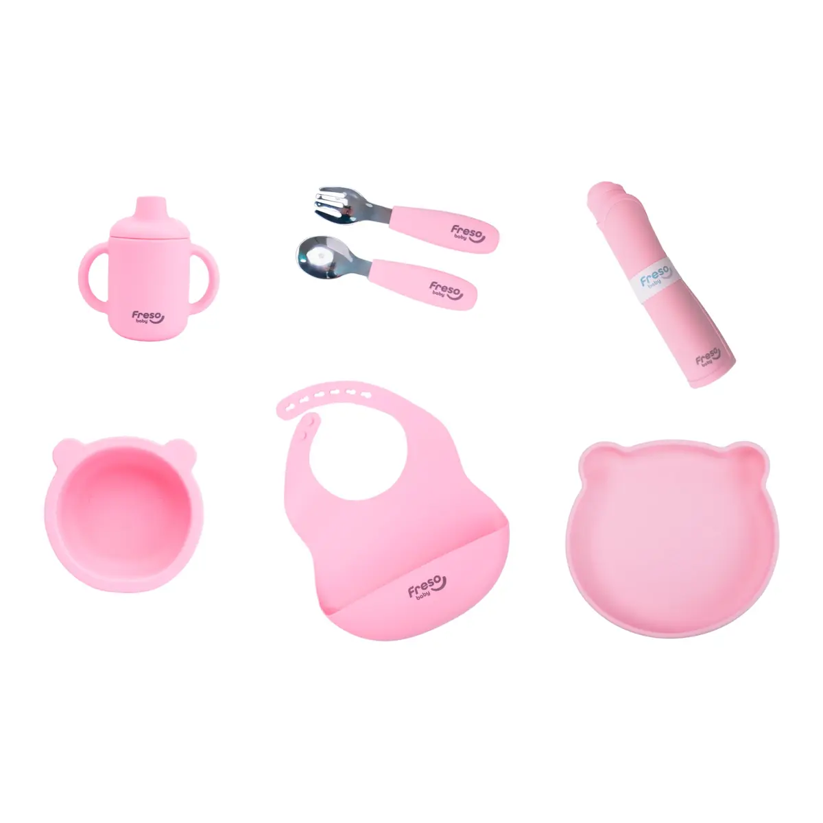 Freso Baby Kit Alimentação de Bebê Silicone Atóxico Livre de BPA Introdução Alimentar BLW Pratinhos Babador Talheres Completo 7 Peças Urso Rosa
