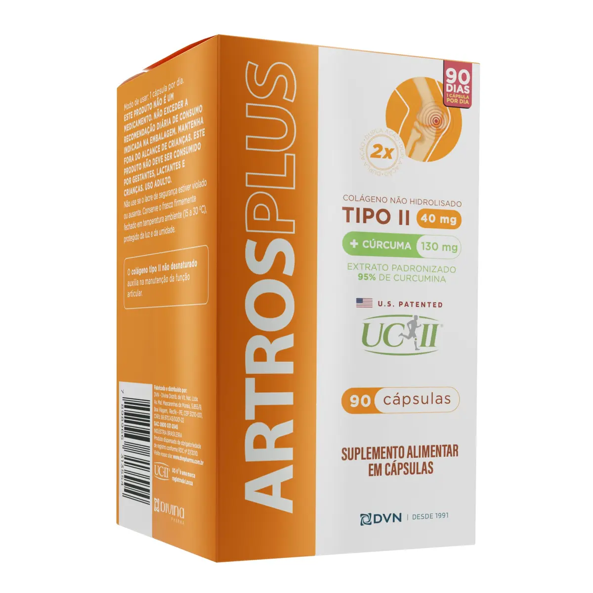 Colágeno Tipo 2 com Cúrcuma, Artros Plus, DPRO, 40mg - 90 Caps | Colágeno tipo II não hidrolisado 40mg, cúrcuma USP 130mg, dose única diária, tecnologia patenteada, saúde das articulações