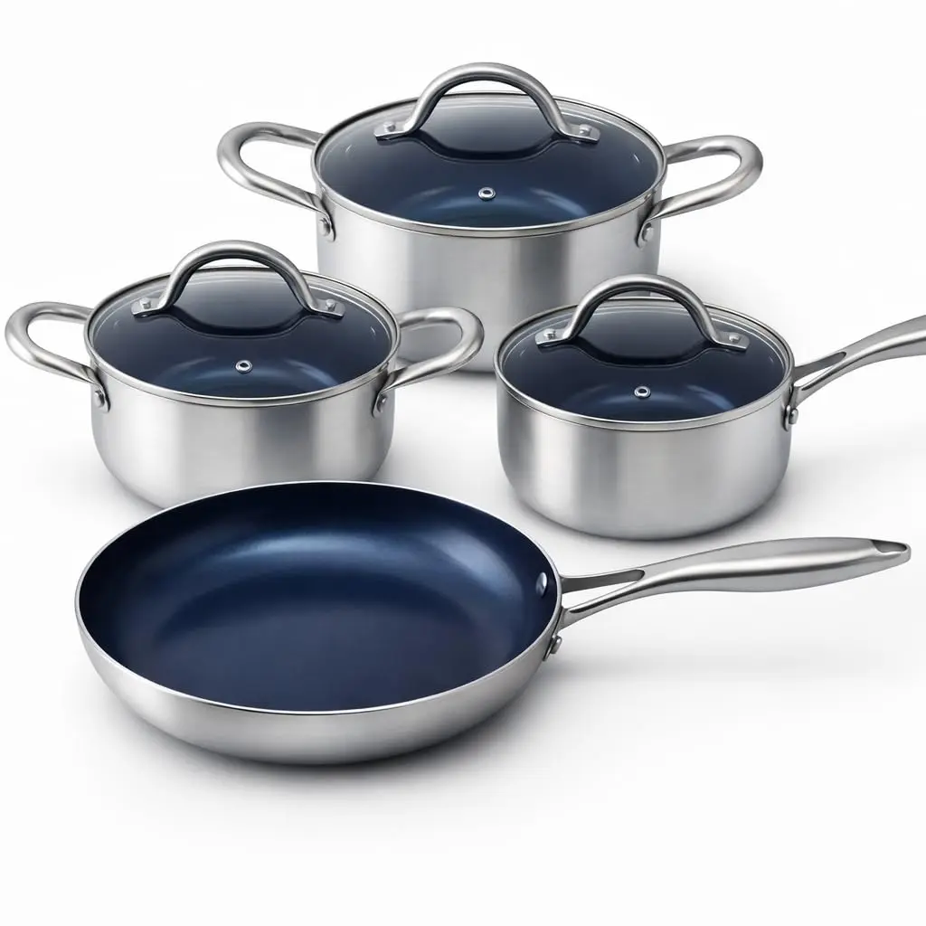 Conjunto de Panelas Antiaderente com Revestimento Cerâmico, Cabo Bifurcado Ergonômico, Fácil de Limpar, Inclui Caçarolas 2,2L e 1,7L, Panela 1,2L e Frigideira 900ml, 4 Peças - 1