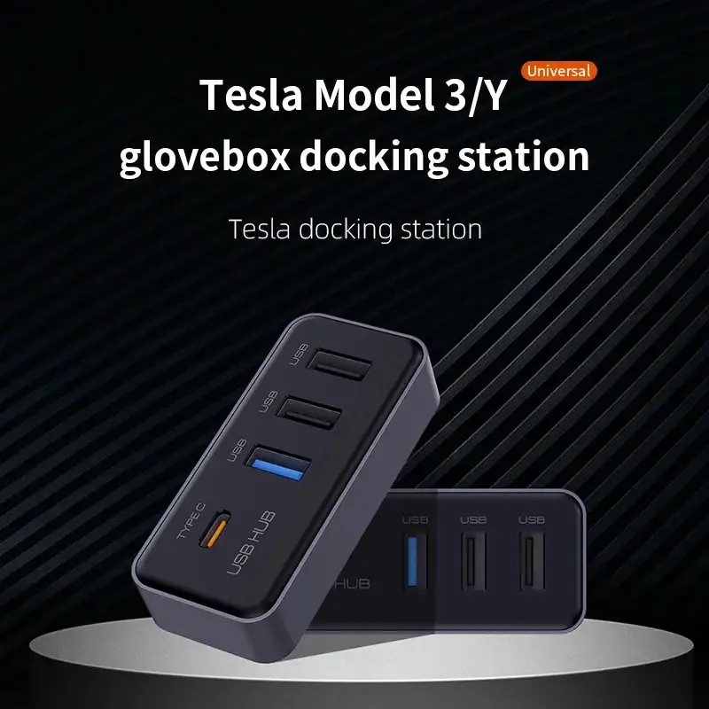 Hub USB 4 em 1 para Tesla Model 3/Y 2023+ com Carregamento, Transferência de Dados e Sincronização Rápida para Console Central e Porta-Luvas