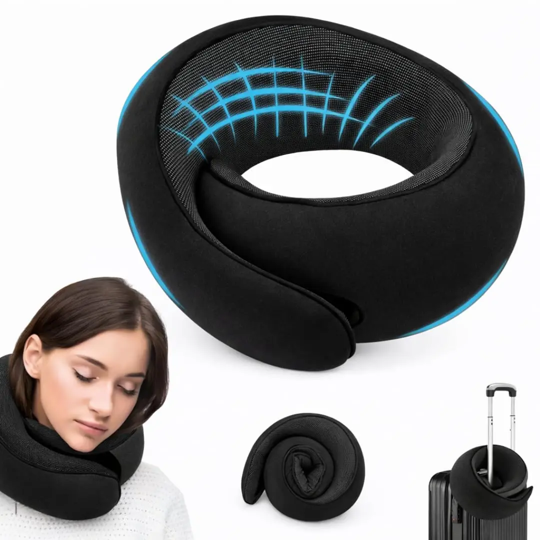 Almofada de Pescoço 360° Ajustável com Espuma de Memória | Cor Preto | Suporte confortável e dobrável com espuma de memória e tecido de poliéster, ideal para viagens, avião, carro e uso diário. - 1