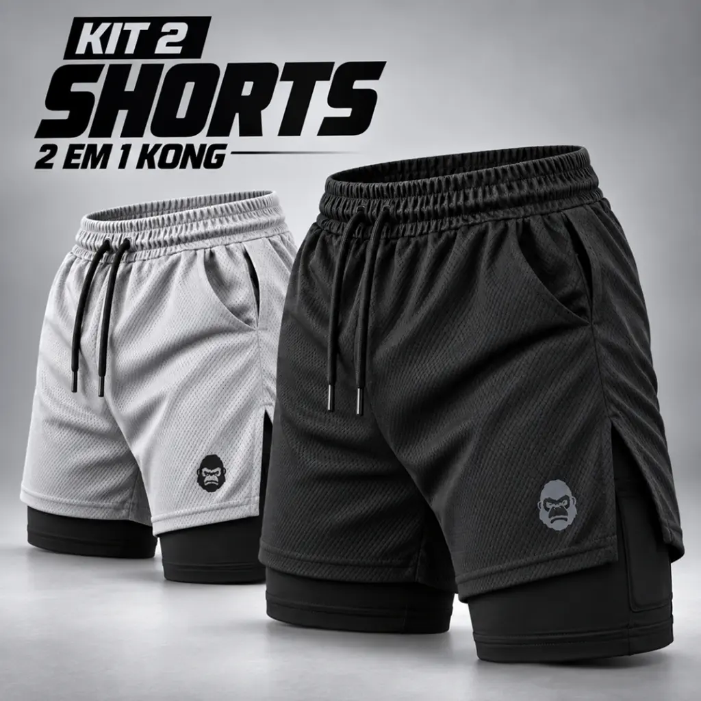 Kit 2 Shorts Masculino Kong 2 em 1 com Compressão, Bolso para Celular e Tecido Dry Fit - 1