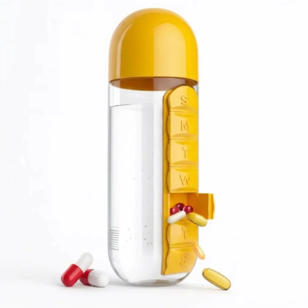 Garrafa Squeeze com Organizador Semanal de Comprimidos, 600ml, Transparente, Compartimentos Diários para Remédios e Vitaminas (Amarelo) - 1