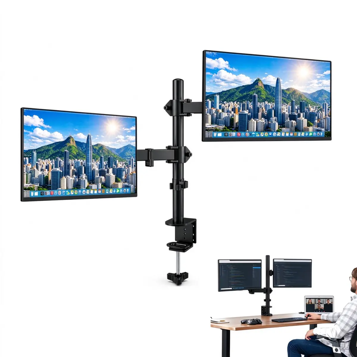 Suporte Braço Duplo Monitor Articulado 13-32" Carga 8kg por Braço | Suporte Articulado VESA 75x75/100x100mm, Suporte Duplo para Monitor Rotação 360°, Ideal para Home Office e Setup Game