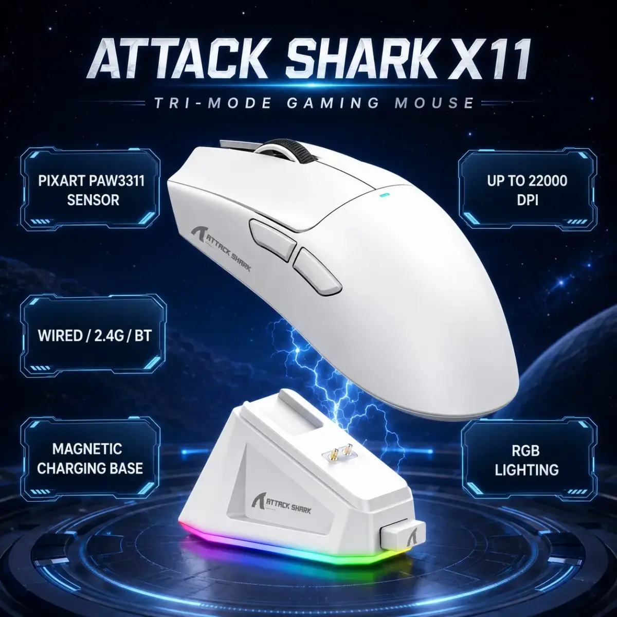 Mouse Gamer Leve Tri-Mode ATTACK SHARK X11, PAW3311, 22000DPI, 400IPS, 40G, Taxa de Retorno de 1K, 59±3g - 1
