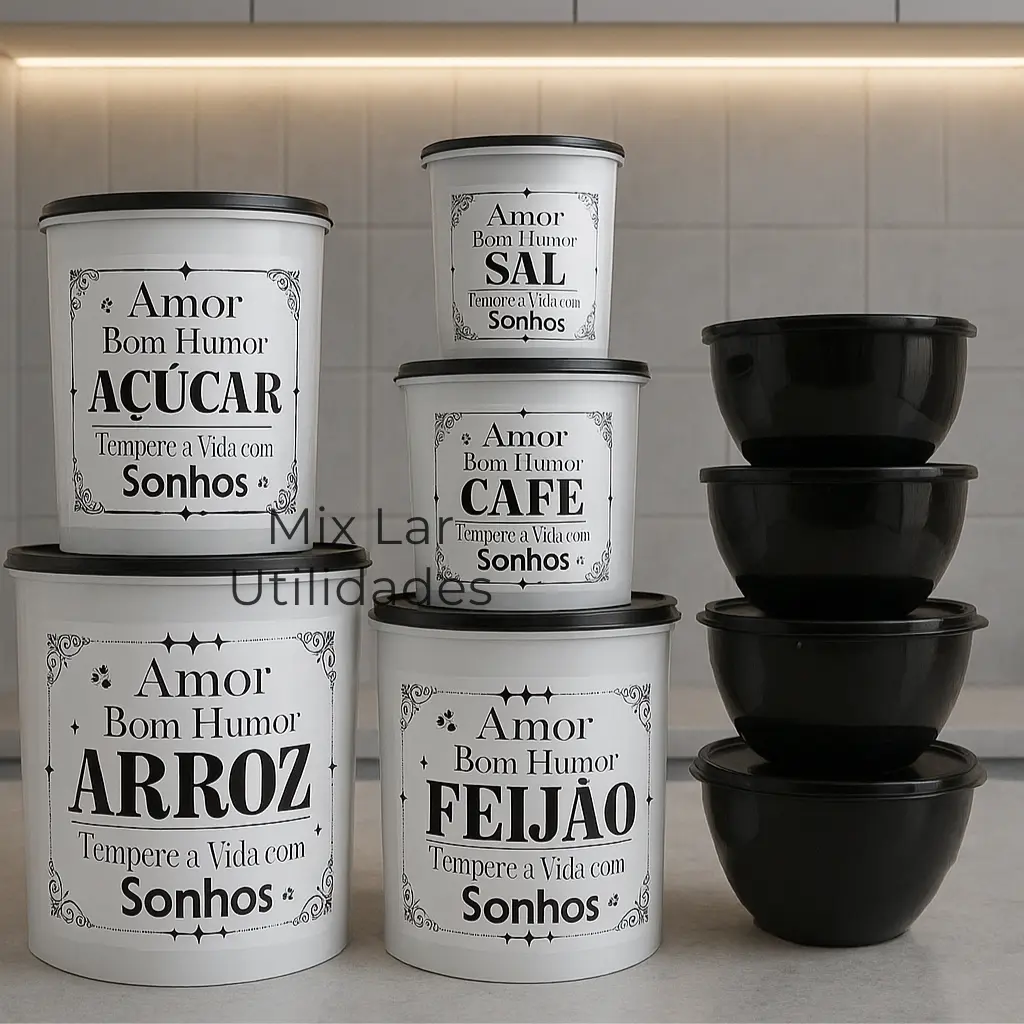 Kit potes de mantimentos cozinha com 9 peças de plástico decorado - 1