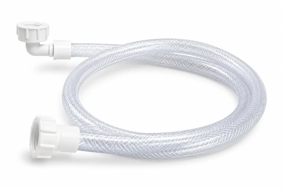 Mangueira Entrada Máquina de Lavar 1,40m PVC Cristal Reforçada Malha Poliéster Rosca 3/4" Terminal Curvo Sem Veda-Rosca Universal