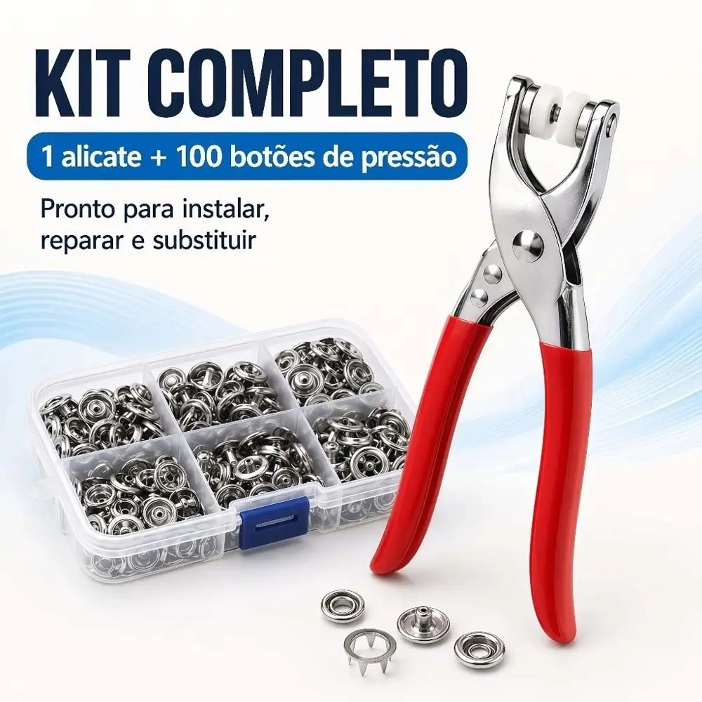 Kit Alicate Aplicador de Botões + 100 Botões de Pressão Metal Inoxidável para Roupas e Artesanato