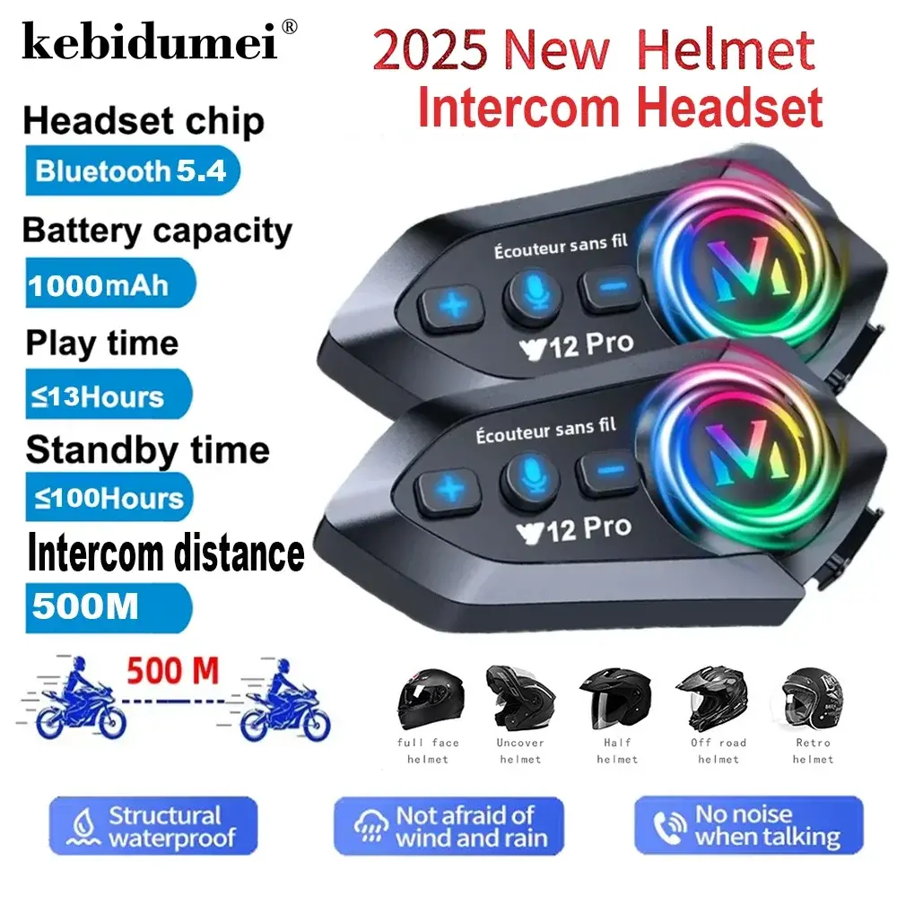 Y12 pro microfone duplo capacete da motocicleta interfone fone de ouvido sem fio mãos-livres chamada à prova dwaterproof água leitor de música alto-falante rádio fm fone de ouvido - 1
