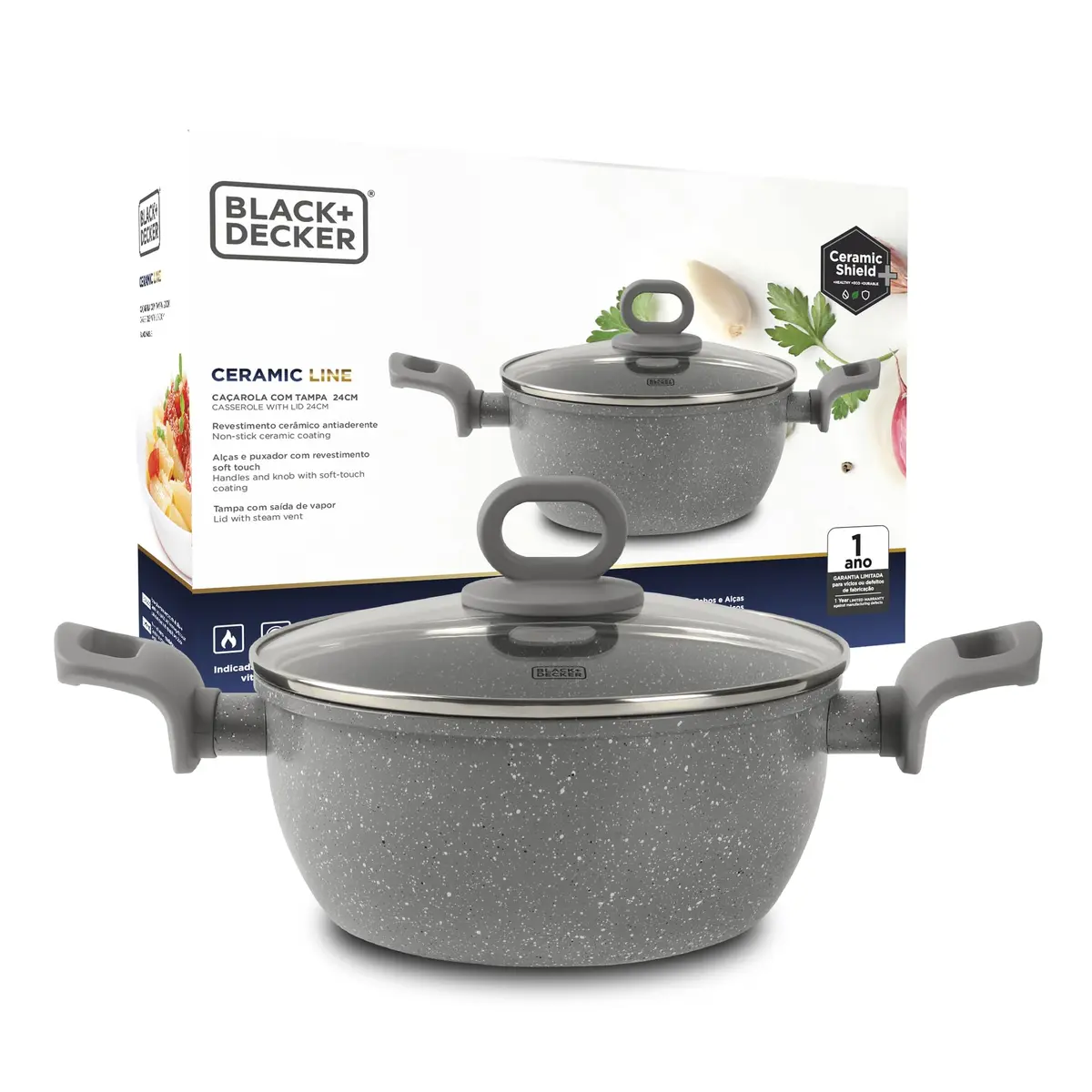 BLACK+DECKER CAÇAROLA 24 CM 4,5 LITROS CERAMIC LINE - CORPO COM REVESTIMENTO CERÂMICO COM EXTERIOR NA COR CINZA, BASE COMPATÍVEL COM INDUÇÃO - GREY MARBLE - 1