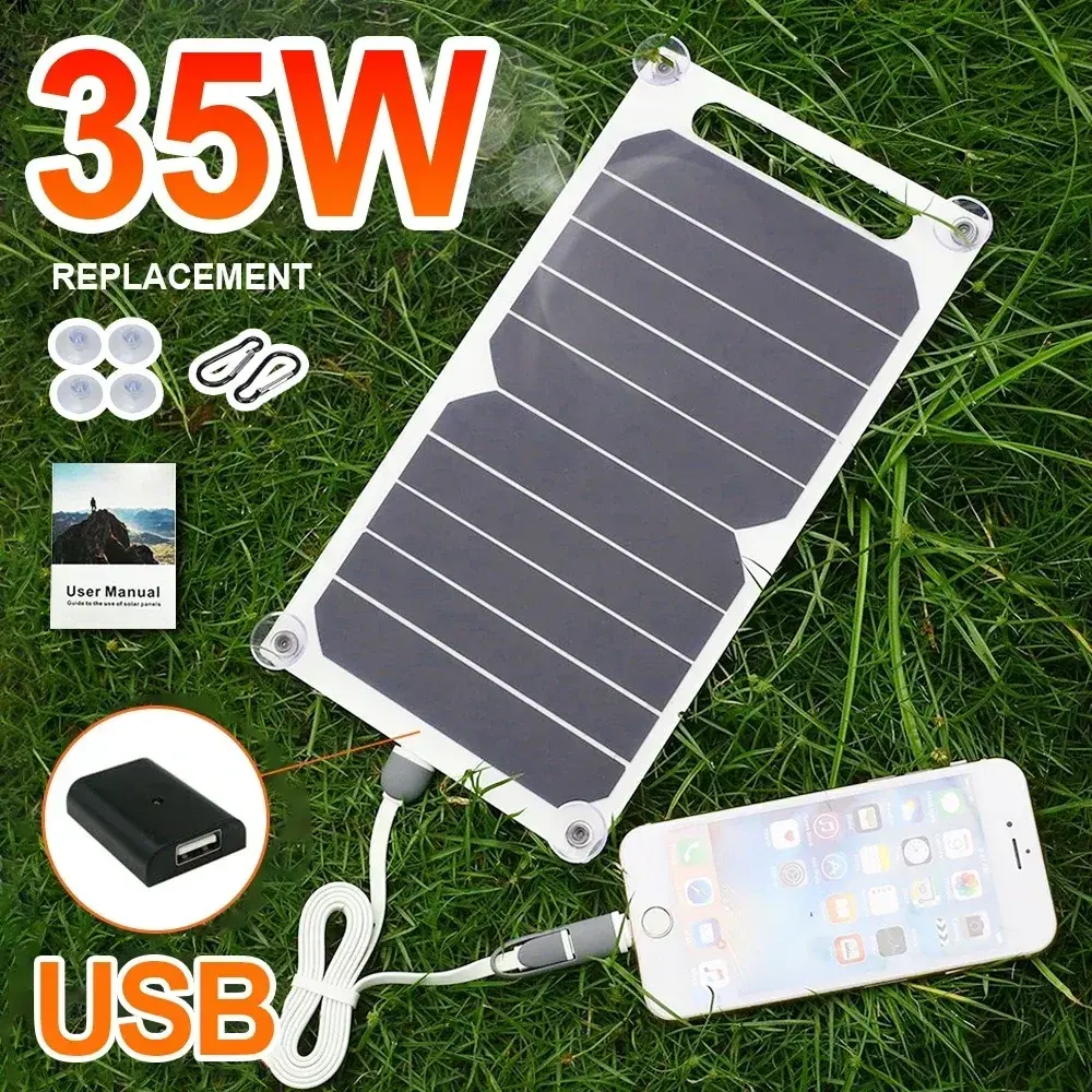 NOVO painel solar portátil de 5V e 35W, com carregador USB seguro e estabilizador, ideal para carregar telemóveis, power banks, para uso em atividades ao ar livre, acampamentos, em casa, em autocaravanas e como presente. - 1