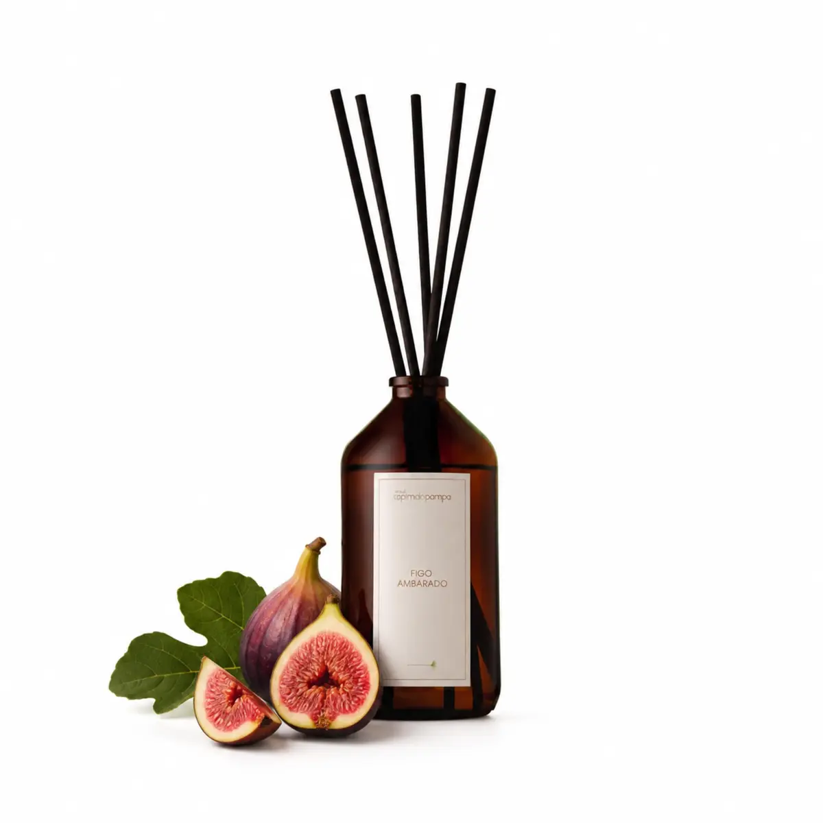 Ateliê Capim do Pampa Difusor de Aroma de Varetas Figo Ambarado 230ml | Aromatizador de ambiente artesanal, fragrância verde e frutal, vidro âmbar com 5 varetas de algodão, perfuma e decora