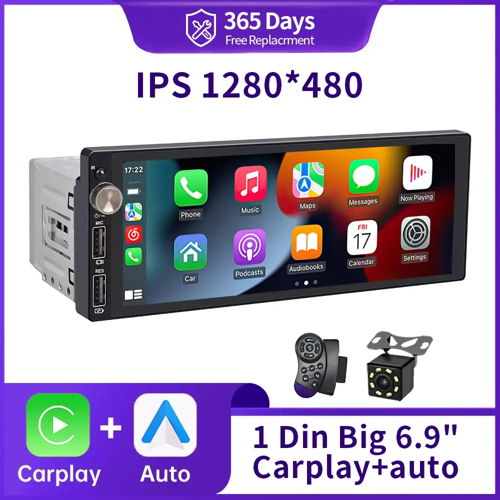 Ips 6.9 Polegada 1din carplay android auto rádio do carro multimídia vídeo mp5 player 1 din sem dvd com bluetooth estéreo carregamento usb - 1