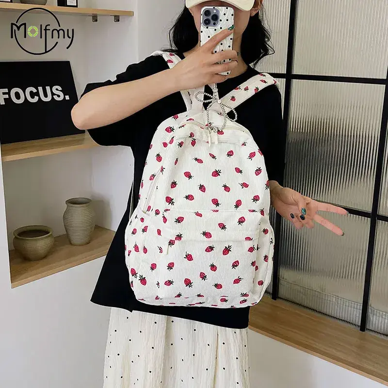 Mochila de veludo morango para estudantes, mochila multi bolsos, alça ajustável para notebook, exterior, adolescentes