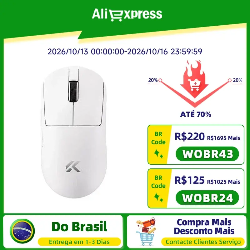 Mouse Gamer Sem Fio MCHOSE A7 V2 Pro com Conexão Tri-Modo, 59 Gramas, Sensor PAW3395 26K DPI, Conexão com Fio 8K/Sem Fio 1K Polling