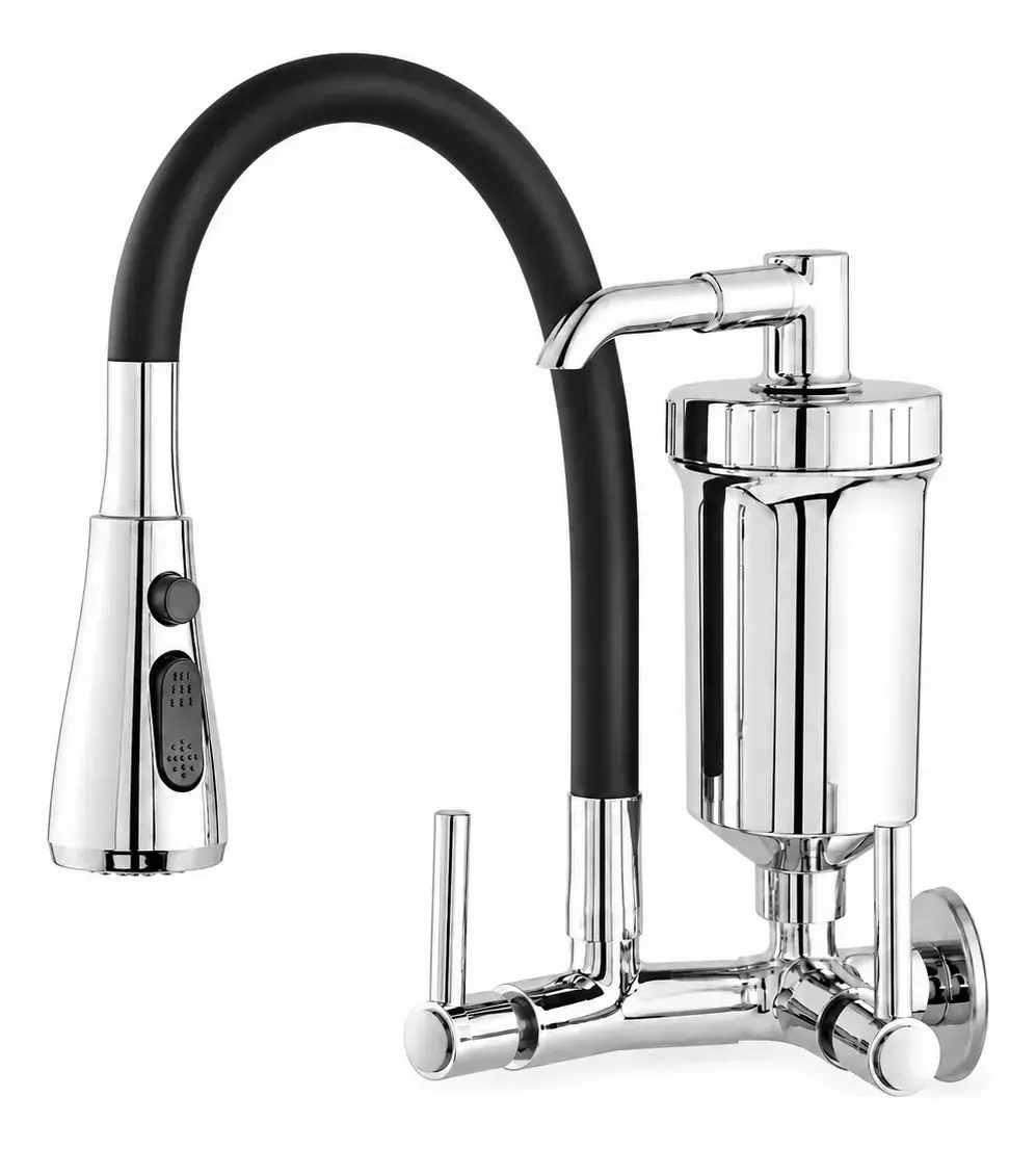 Torneira Com Filtro 3 Jatos Para Cozinha Gourmet de Parede Preta Silicone Flexível Bica Móvel 3 Jatos Modelo Moderno para Pia Água Fria thumbnail 2