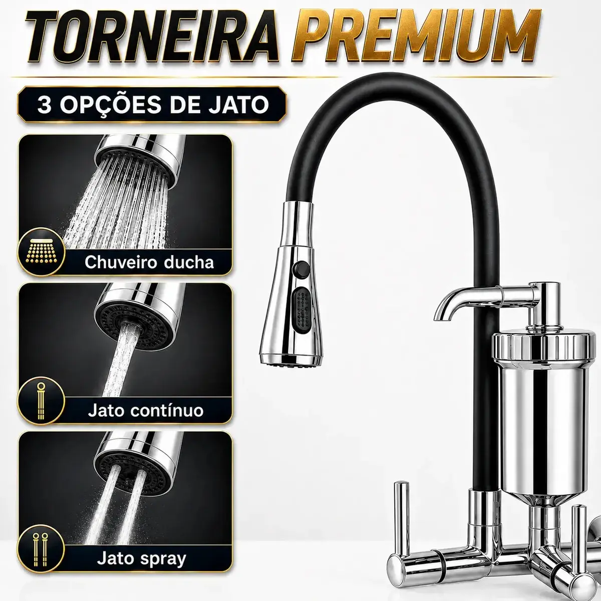 Torneira Com Filtro 3 Jatos Para Cozinha Gourmet de Parede Preta Silicone Flexível Bica Móvel 3 Jatos Modelo Moderno para Pia Água Fria thumbnail 6