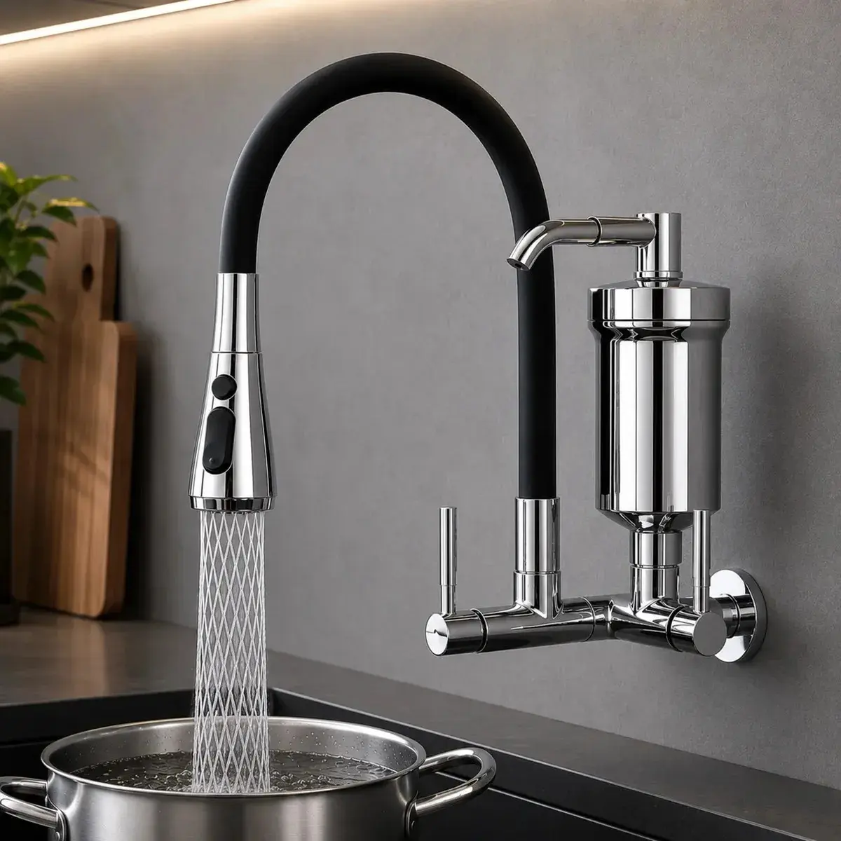 Torneira Com Filtro 3 Jatos Para Cozinha Gourmet de Parede Preta Silicone Flexível Bica Móvel 3 Jatos Modelo Moderno para Pia Água Fria thumbnail 7
