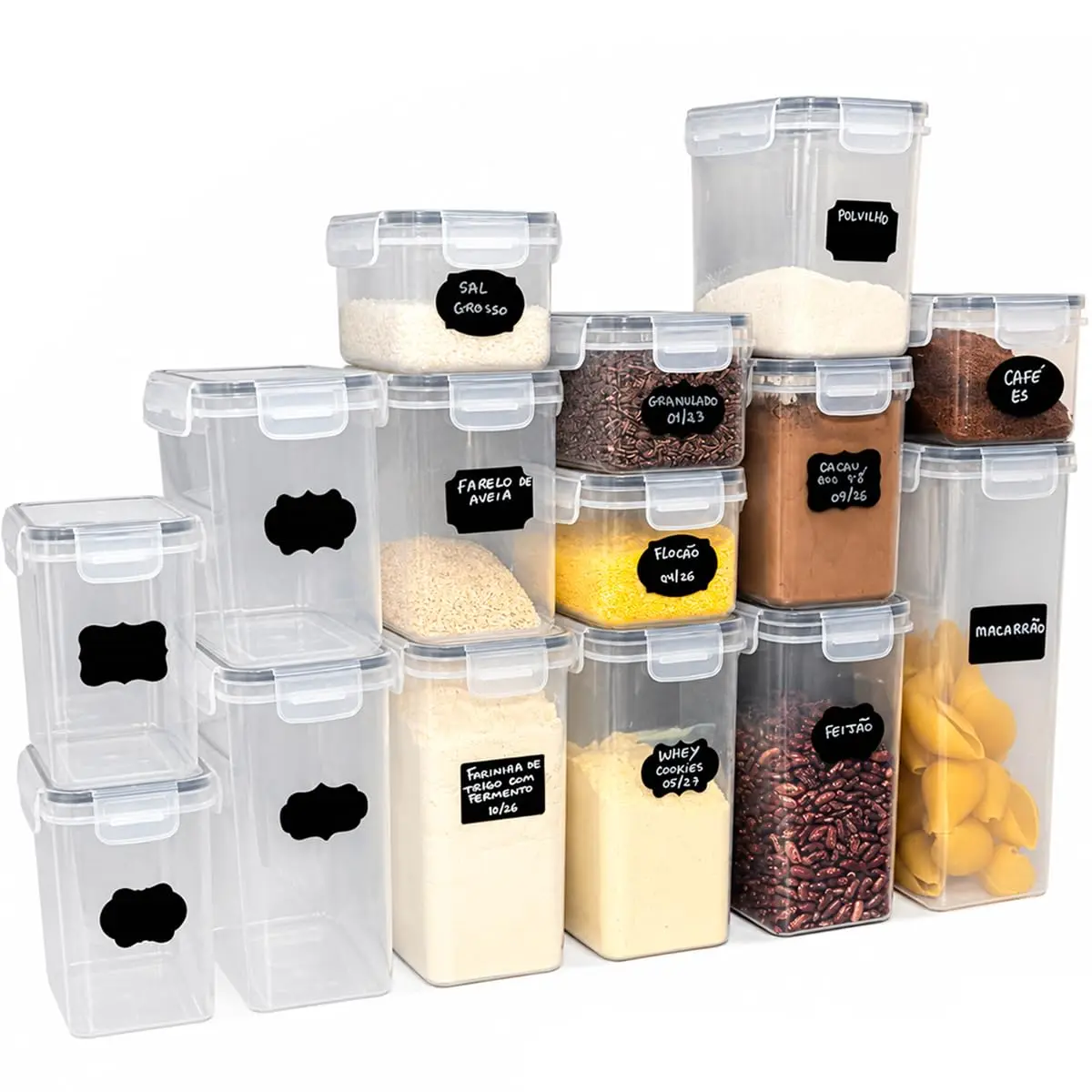 Decolab Kit 15 Potes Herméticos BPA Free para Mantimentos Transparente | Plástico PP livre de BPA, formato retangular e vedação de silicone: 4 x 0,8 L, 6 x 1,4 L, 4 x 2,0 L e 1 x 2,8 L.