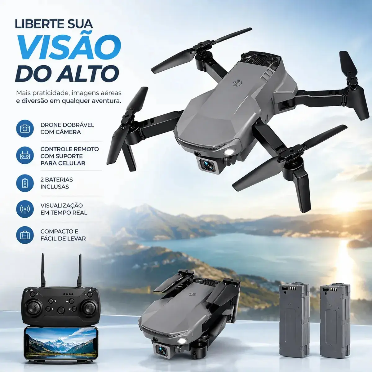 Mini Drone Pro 4K Dobrável Wi-Fi FPV Câmera 2 Baterias Presente Dia das Crianças - 1