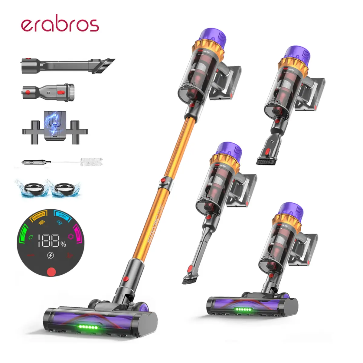 Aspirador de Pó Sem Fio Erabros EV5 550W 70KPA com Potência de Sucção Ultra-Forte, 80 Minutos de Autonomia, Aspirador Inteligente Portátil com 4 Modos
