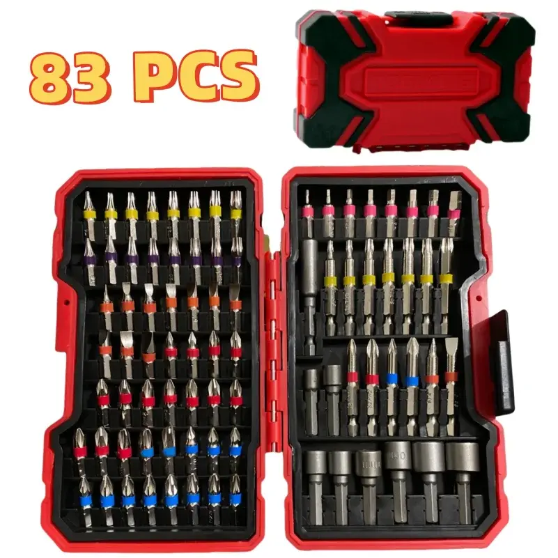 Conjunto de 83 Peças de Brocas para Parafusadeira de Impacto com Chave Magnética, Pontas S2 de Aço com Fenda Cruzada, Fenda Simples, Quadrada, Estrela, Hexagonal e TORX