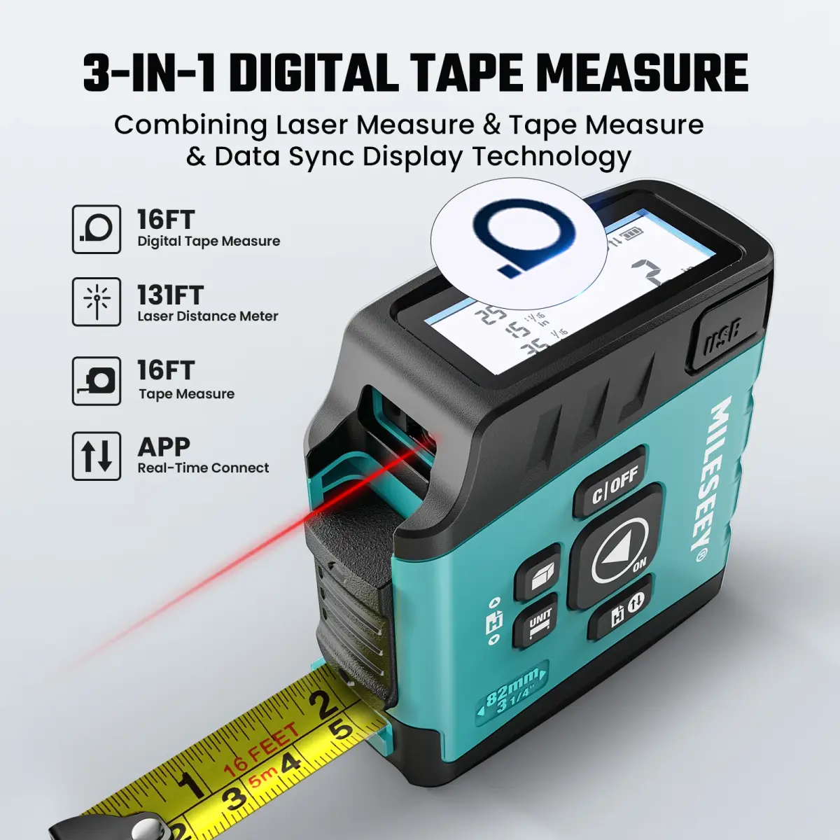 Medidor de Distância a Laser MiLESEEY DT20 40m 130ft com Leitura Digital, Ferramenta de Medição Recarregável para Distância/Área/Volume