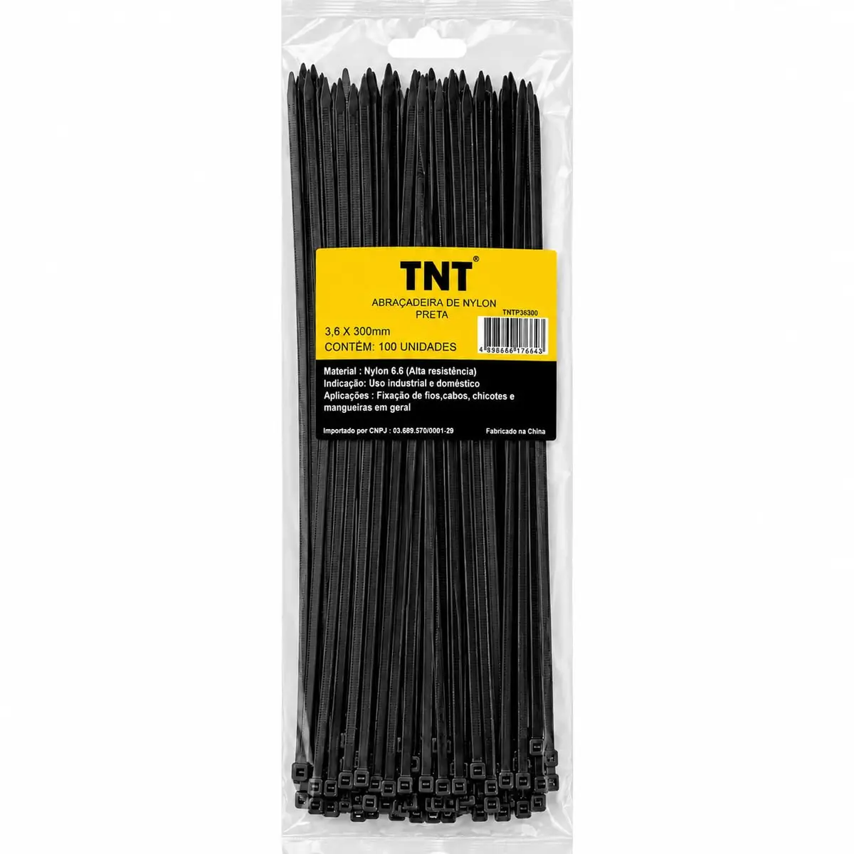 TNT Abraçadeira de Nylon 6.6 Proteção UV Kit 100 Unidades (Preta 3,6x300mm) | Enforca gato de nylon 6.6 com proteção UV e trava firme, prende fios, cabos de TV, mangueiras, plantas no jardim e decorações