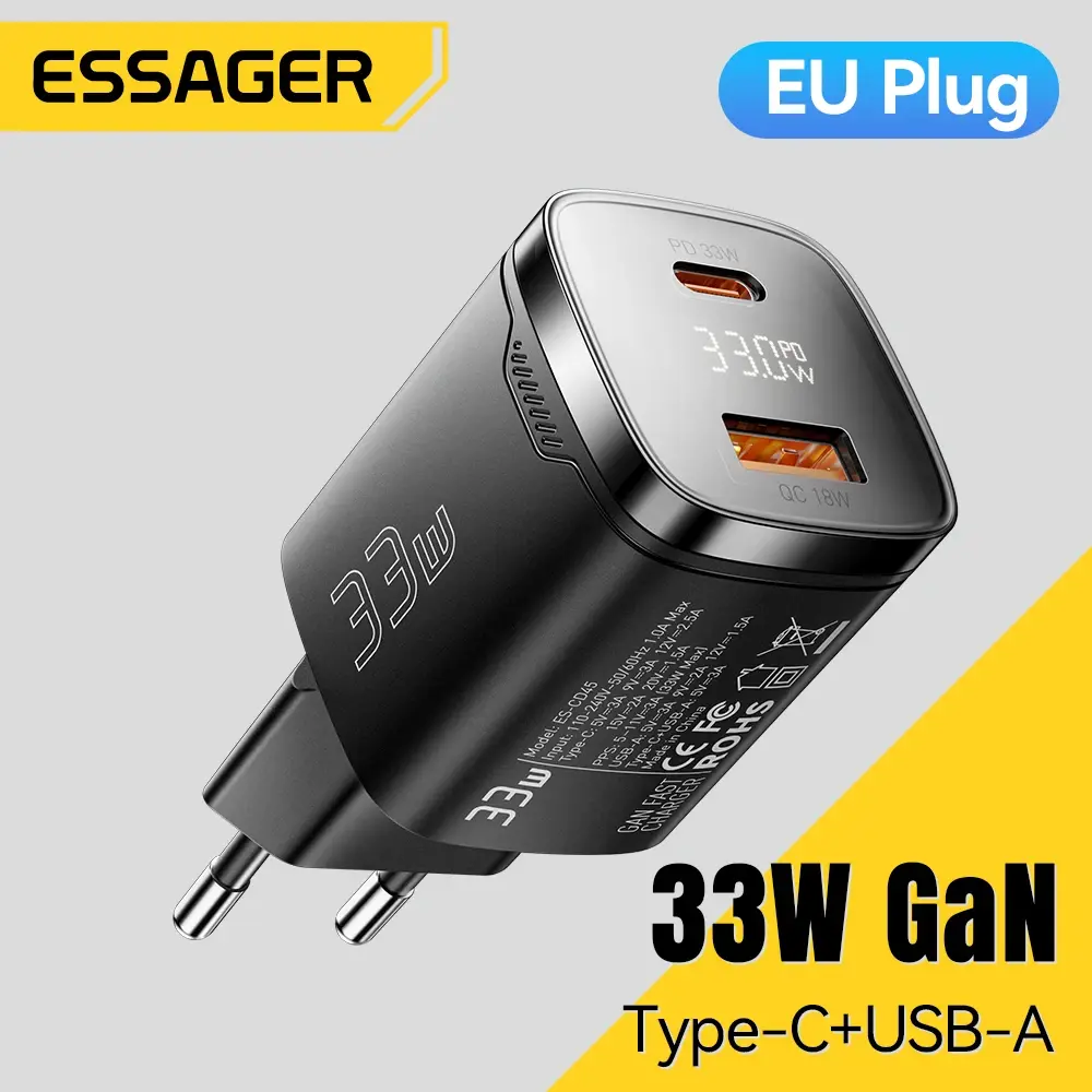 Essager 33w gan usb tipo c carregador display digital pd carregamento rápido para iphone 16 15 14 pro max ipad mini 6 xiaomi samsung s22