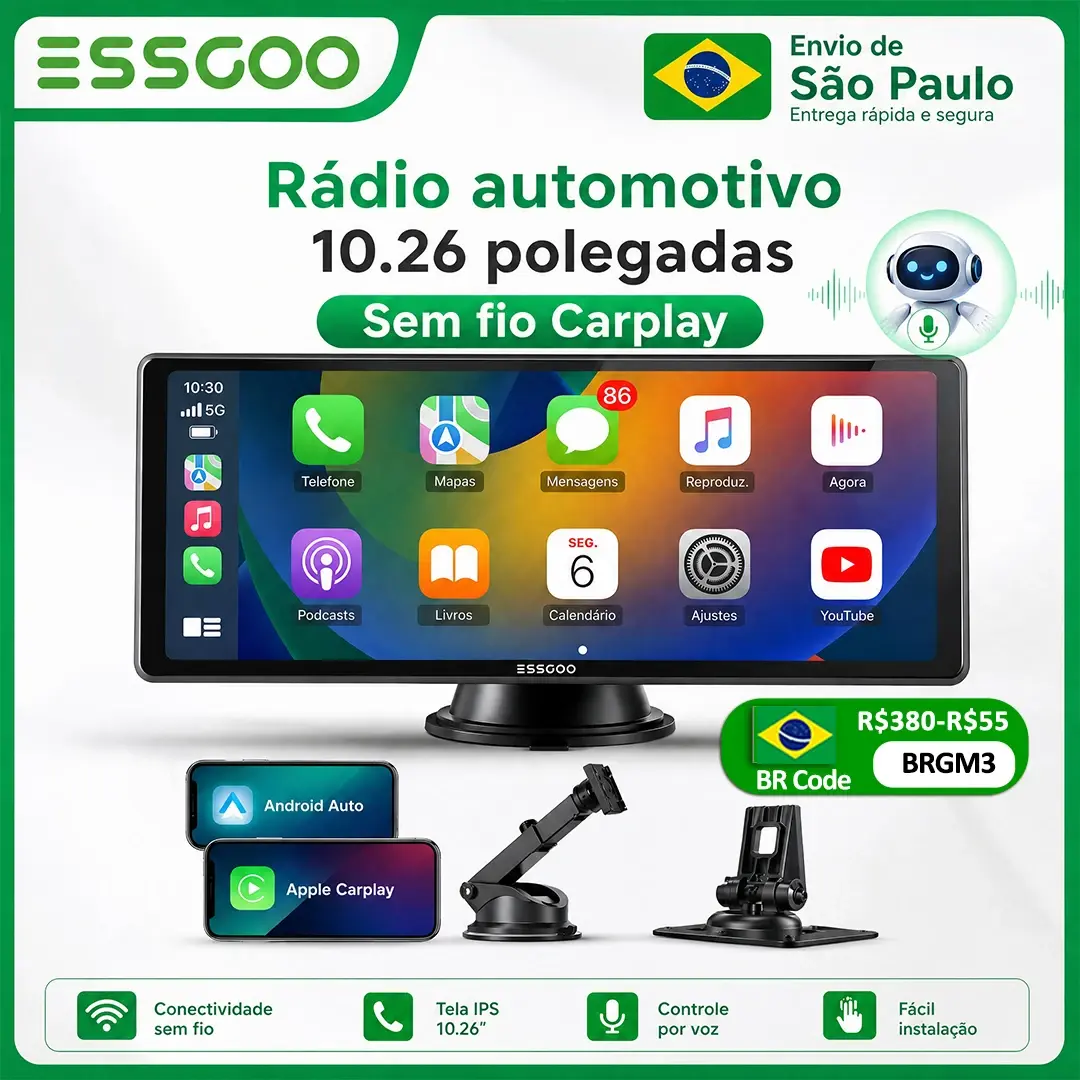 ESSGOO Tela Portátil de 10,26' Sem Fio CarPlay Câmera de Ré HD Rádio DVR MP5 Leitor Multimídia para Carro com Android Auto - 1