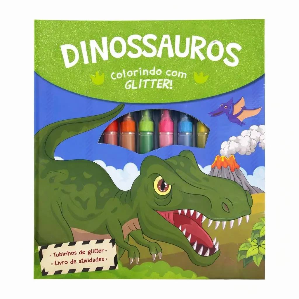 Kit Escolar de Atividades Dinossauros Colorindo com Glitter, 7 Peças
