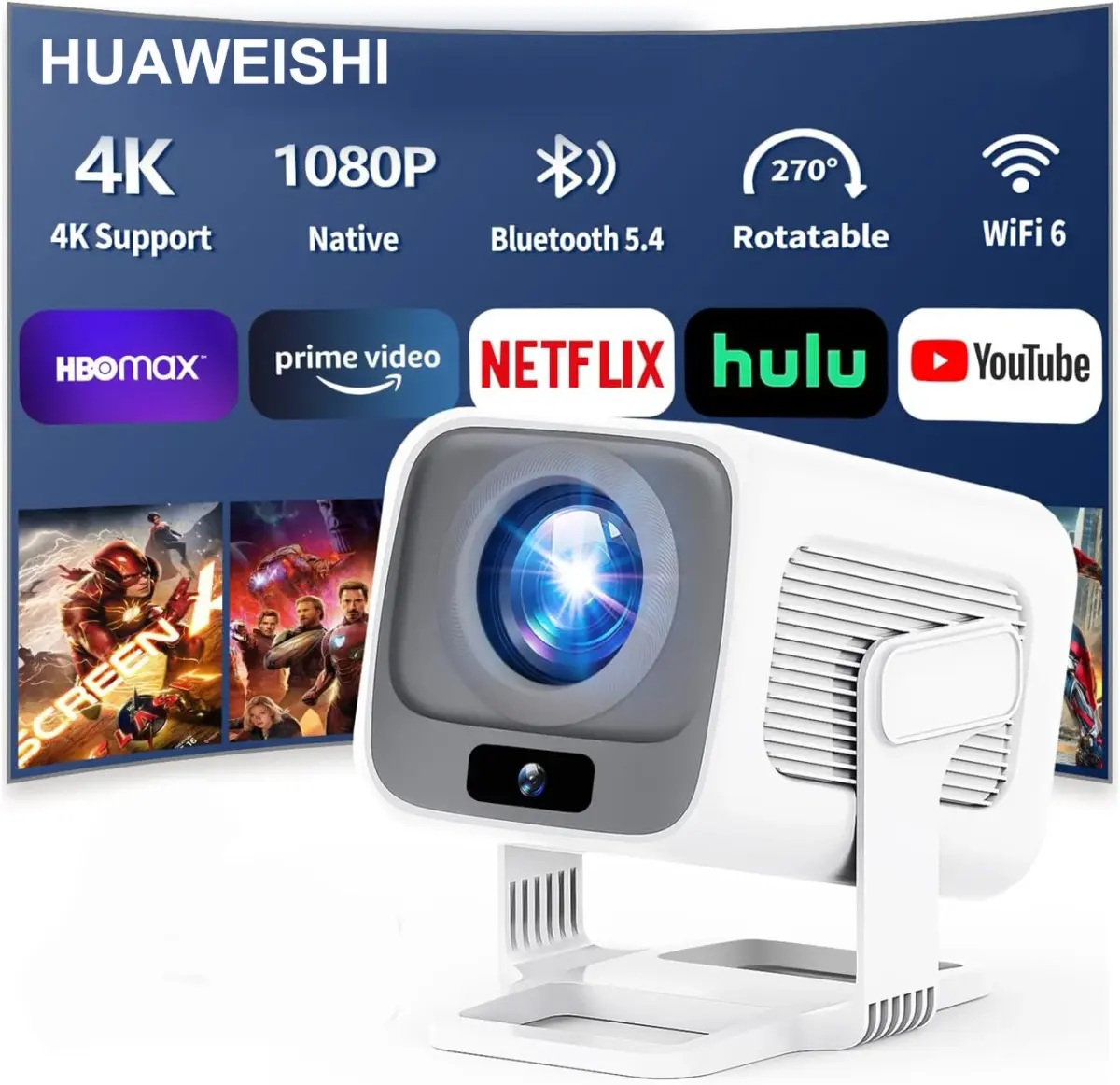 Projetor HUAWEISHI 4K Android Nativo Portátil 1080P com Foco Automático 600ANSI para Cinema em Casa e Uso Externo