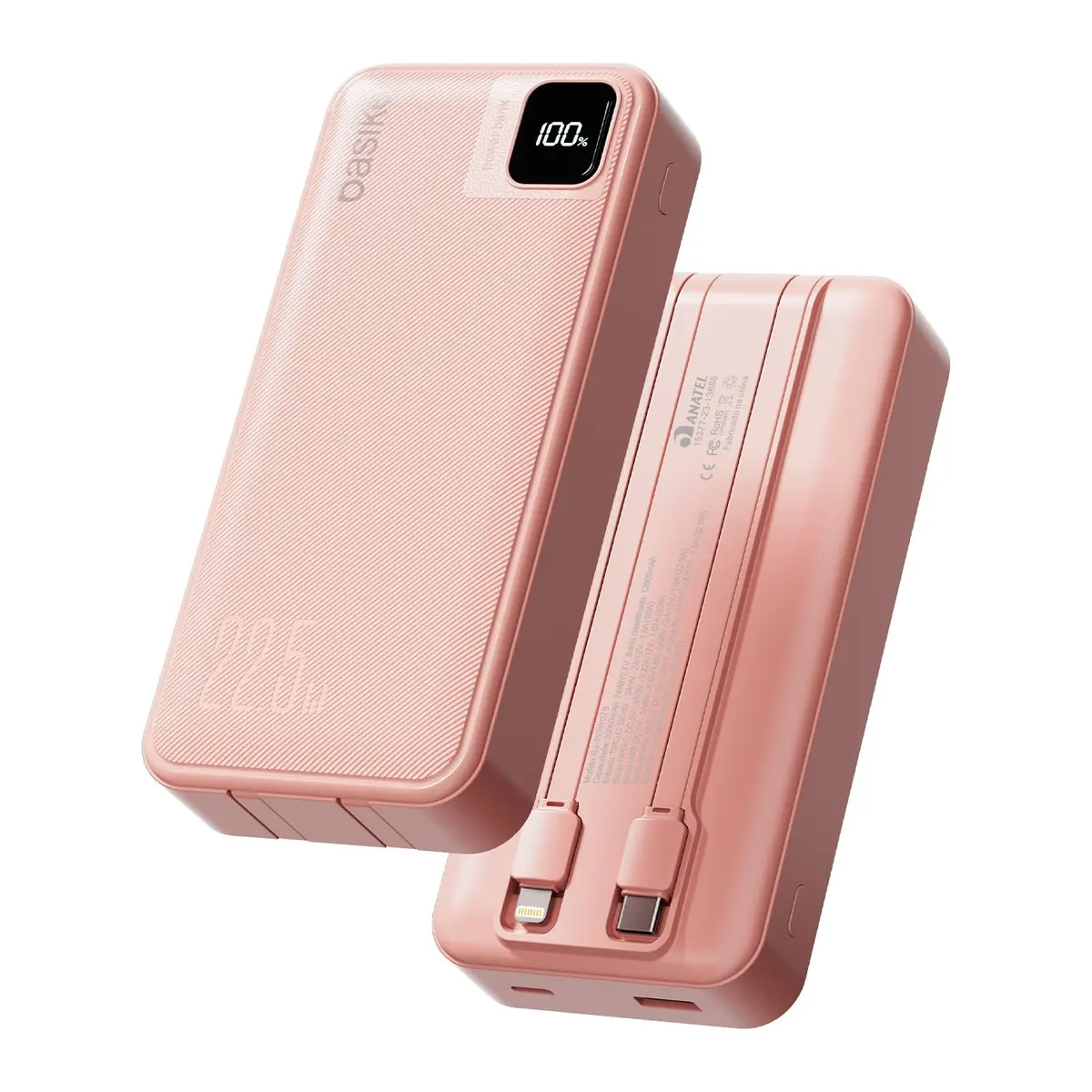 Basike Power Bank 20000mAh Carregamento Rápido 2 Cabos Integrados Rosa | Carregador Portátil Universal, USB-A até 22.5W + USB-C até PD20W, Lightning, Led Indicador de Bateria
