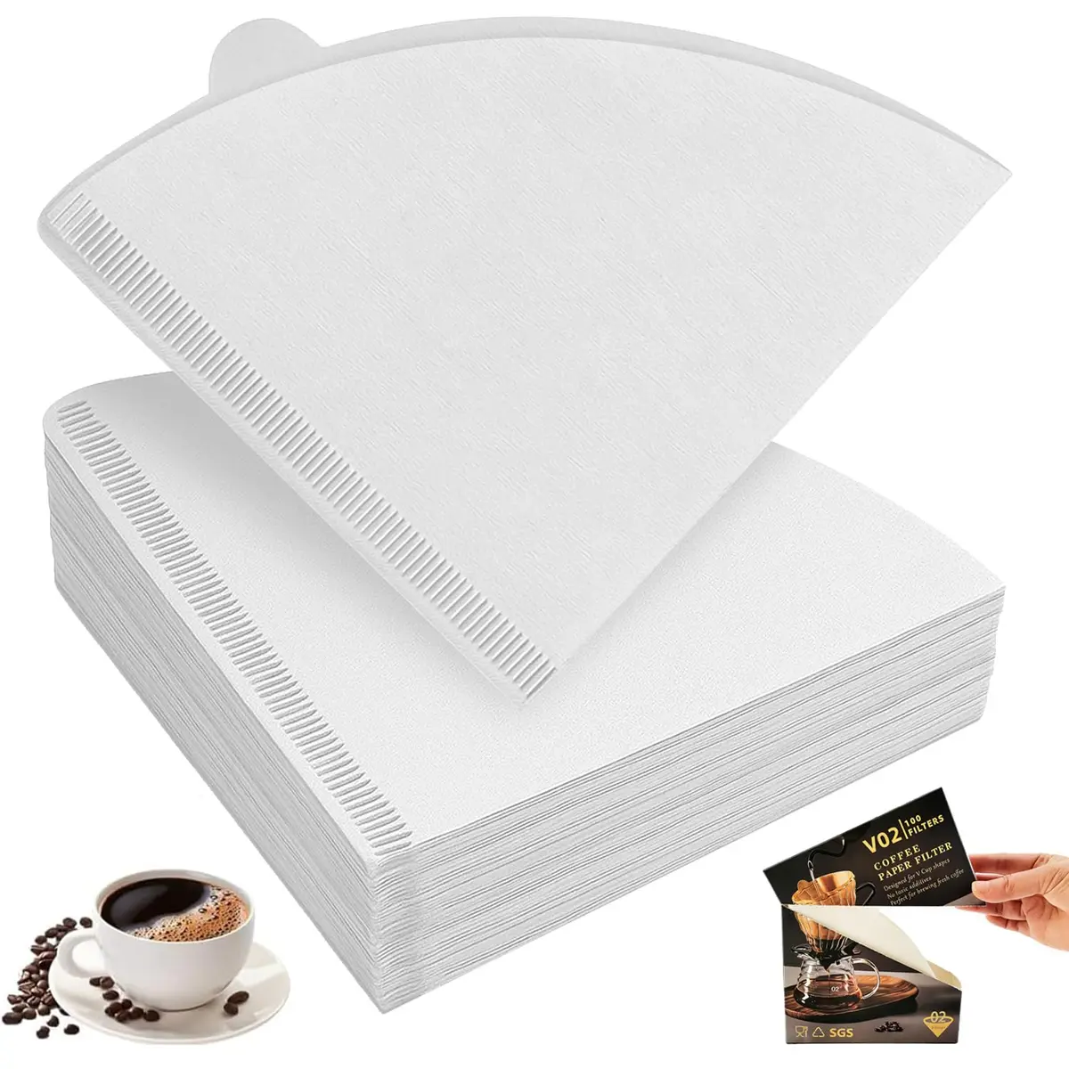 Filtro de Papel para Coador de Café V60, Tamanho 02, Filtro para V60 02, Filtro Cafe 2-4 Xícaras para Cafeteira de Coar e Gotejamento (100, Branco)