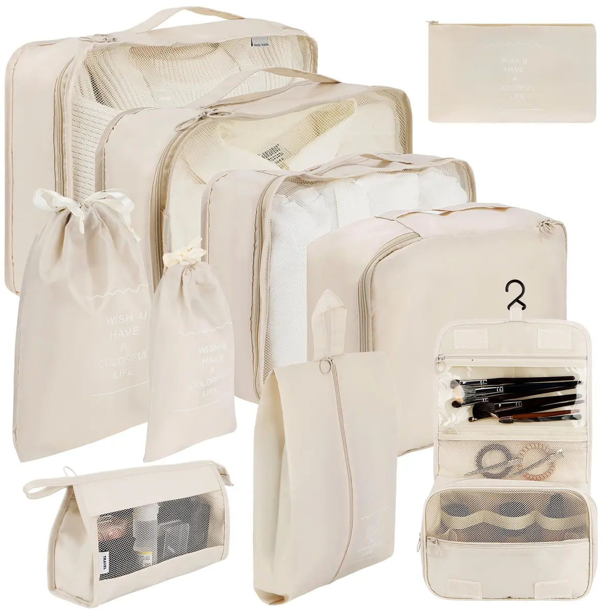 Necessaire Feminina Organizador de Malas para Viagem: KIT 7/10 de Organização - Inclui Bolsa Organizadora-Organizadores de Bagagem para Viagem (Bege-10 peças) - 1