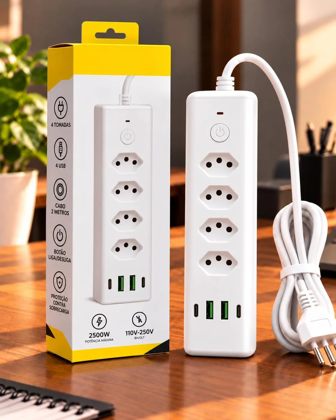 Extensão Elétrica com 4 Tomadas, 2 USB-A e 2 USB-C, Cabo de 2 Metros, Botão Liga/Desliga, Proteção Contra Sobrecarga, Bivolt, Régua de Energia para Casa, Escritório e Home Office