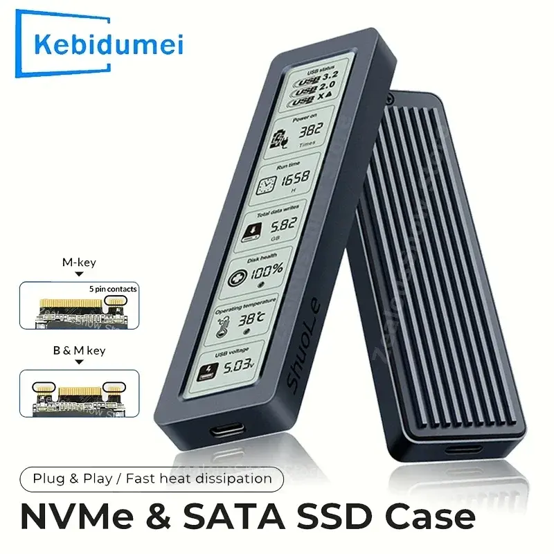 Case para SSD M2, Adaptador de Enclosure para SSD M.2 NVMe SATA com Tela de Exibição, Caixa Externa Inteligente Digital USB 3.2 Gen2 10Gbps