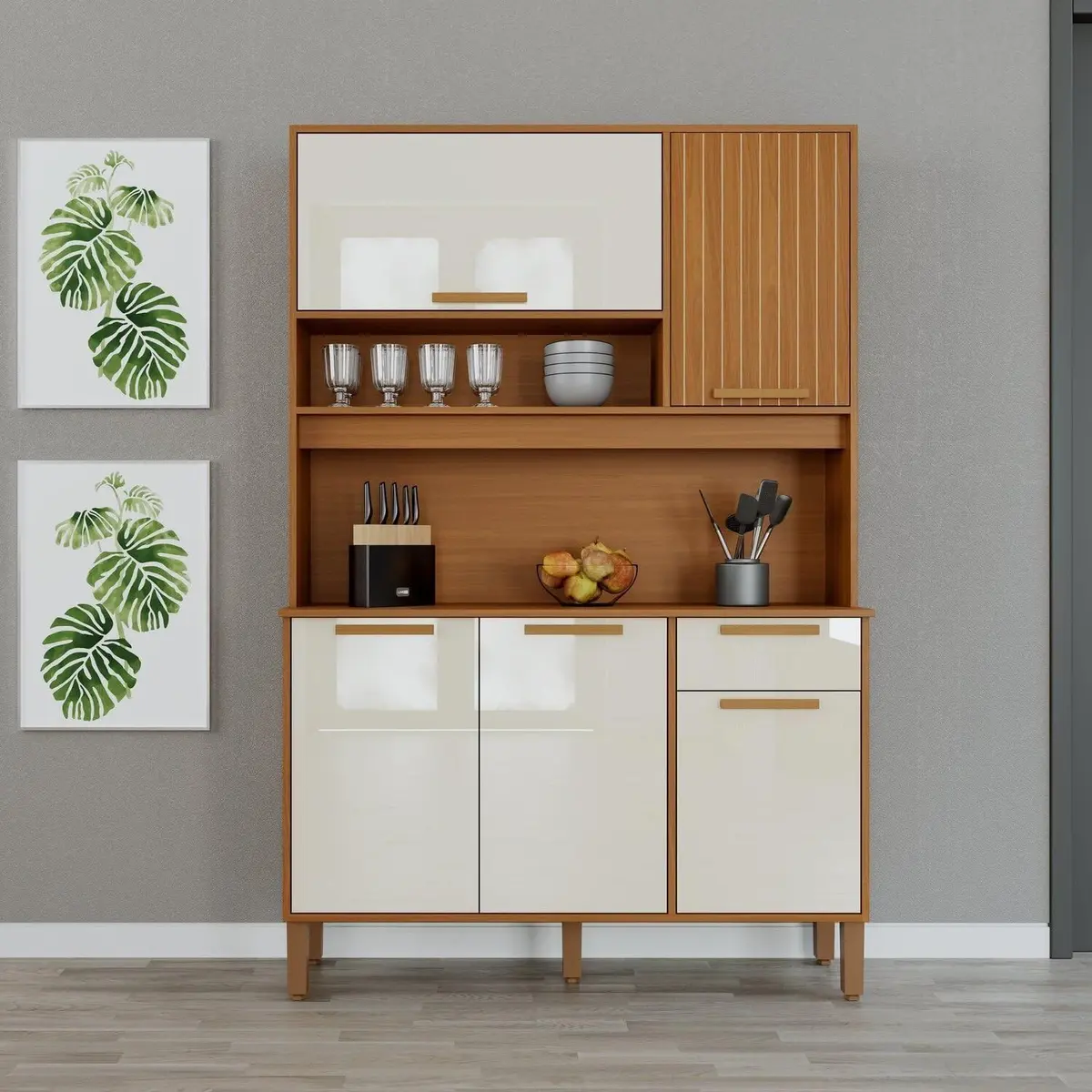 Armário de Cozinha Frisado 5 Portas 1 Gaveta 120cm Roma Freijó/Off White