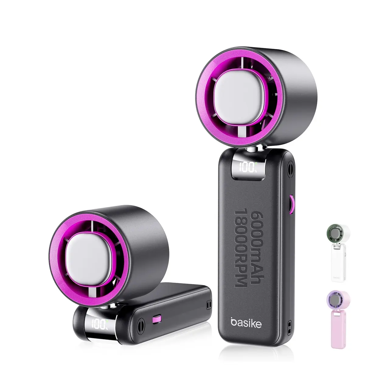 Basike Ventilador de Mão Portátil Recarregavel com Display Digital(Preto) | Função Resfriamento, 100 Níveis, 12W Bateria 6000mAh, Anjo Ajustável 180°, para Casa, Viagens e Escritório Durante o Verão